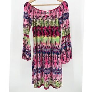 2B Together Women's L Bell Sleeve Off Shoulder Boho Print Dress Festival Bright
